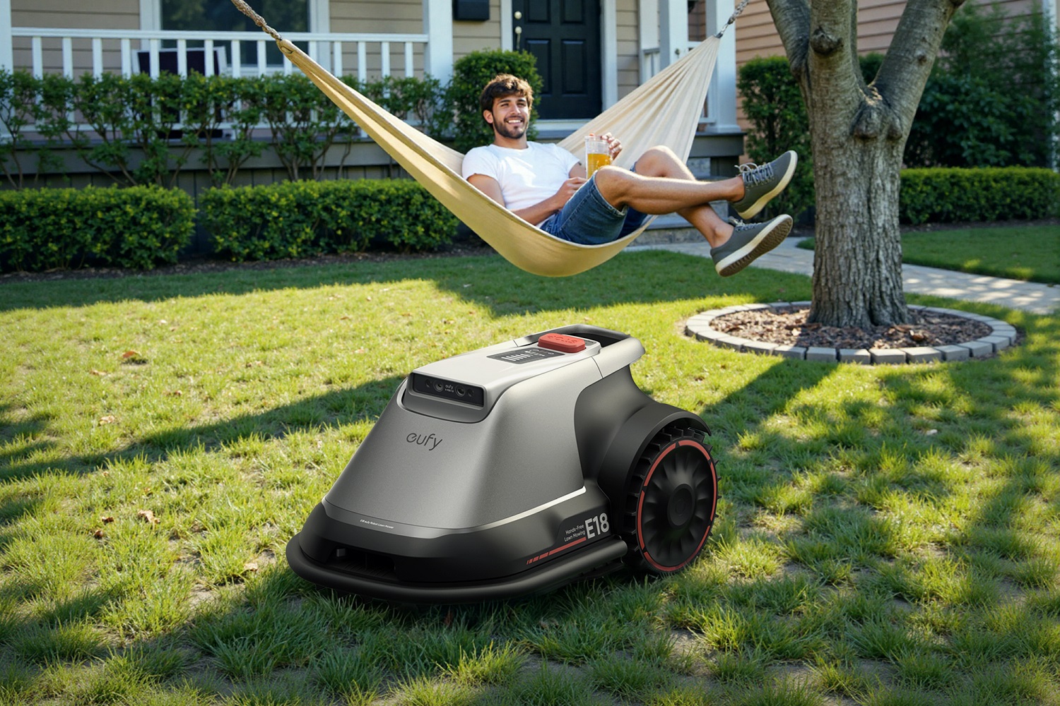 Anker 2025 Innovation Showcase: Smart Tech to Power Your Life 1 The Eufy E18 Robot Lawn Mower working outdoors.