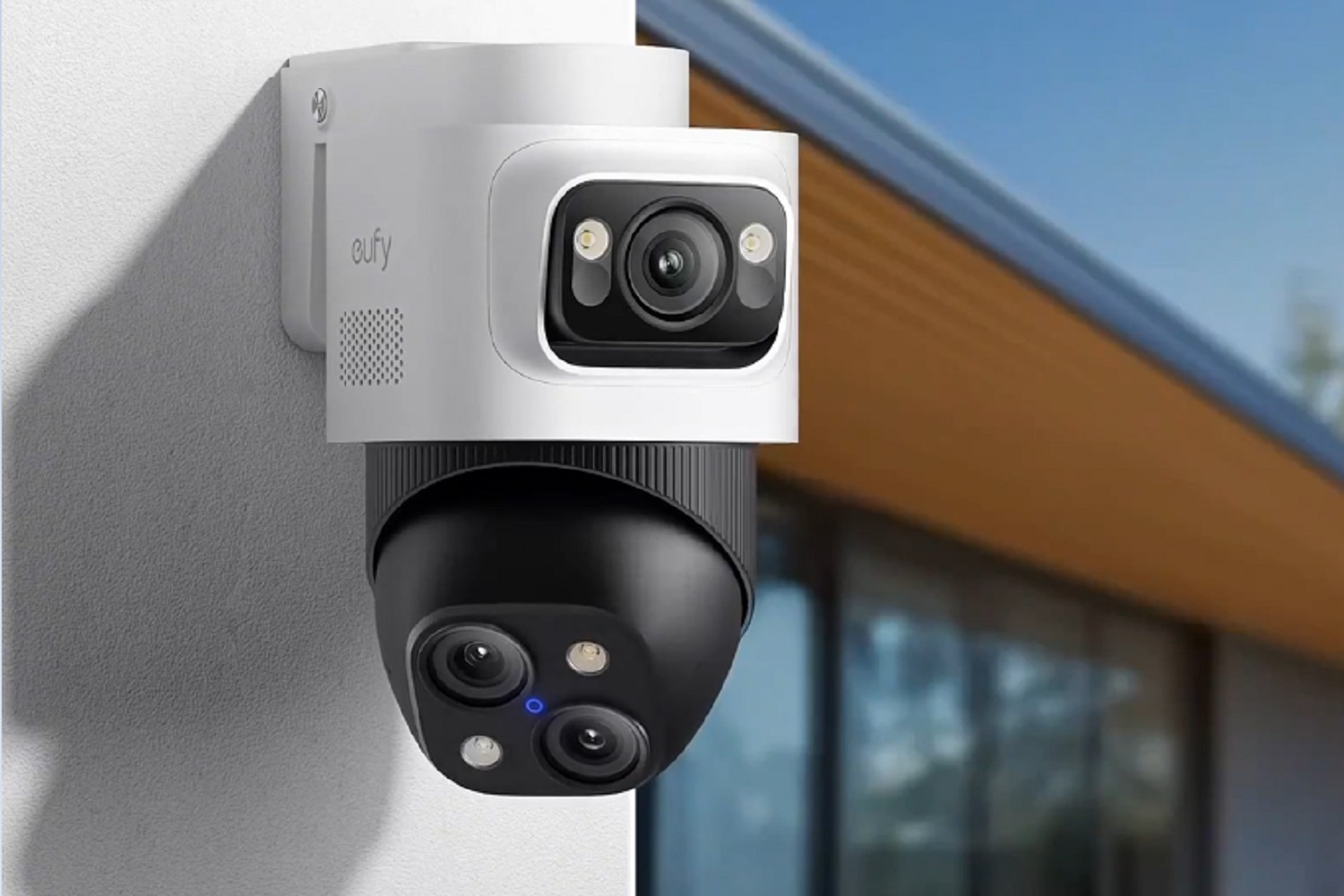 Anker 2025 Innovation Showcase: Smart Tech to Power Your Life 7 A camera of the eufy NVR PoE S4 Max Security System installed outdoors.