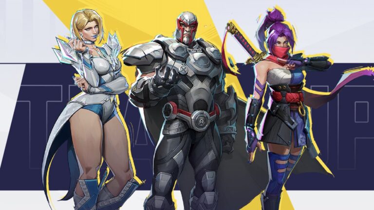 Emma Frost, Magneto and Psylocke pose side by side against a yellow, purple and white background