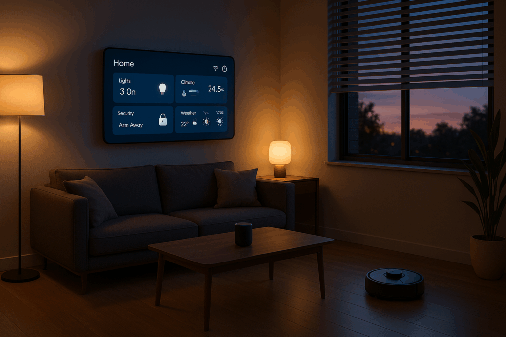The Best Smart Home Hubs (2025 Guide): 1 A sleek modern living room at dusk with a wall-mounted smart display showing a home automation dashboard