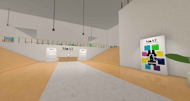 Shows a digital lobby signals for a museum and a front desk with a colorful map.