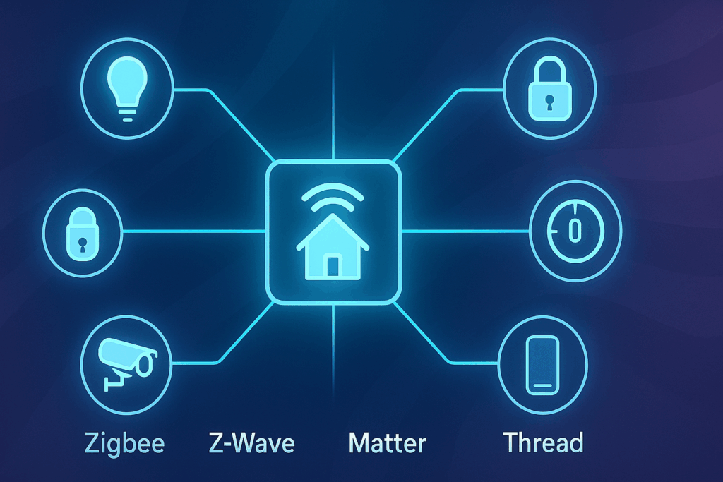The Best Smart Home Hubs (2025 Guide): 2 Infographic-style banner showing a glowing smart home hub in the center with glowing lines connecting to icons of smart bulbs, locks, thermostats, cameras, and speakers