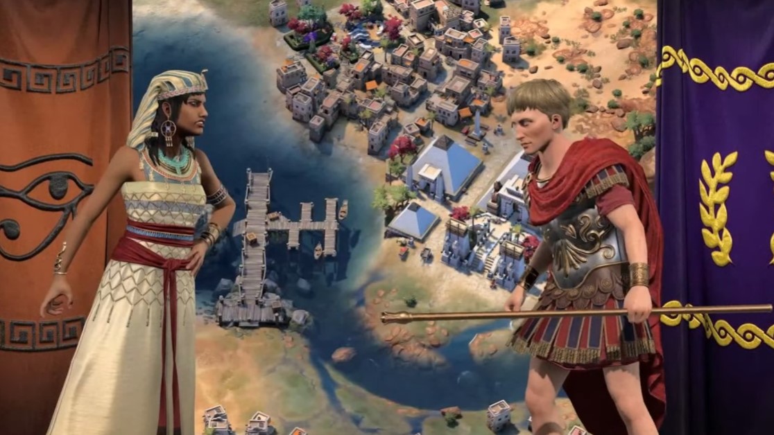 New Games in February 2025: Monster Hunter, Civilization, and more 3 Two world leaders, Cleopatra and Caesar are going against each other in front of their flag.