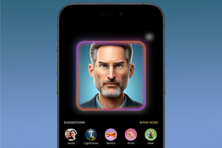 An iPhone image shows an Apple intelligence rendering of Steve Jobs in the playgreen app.