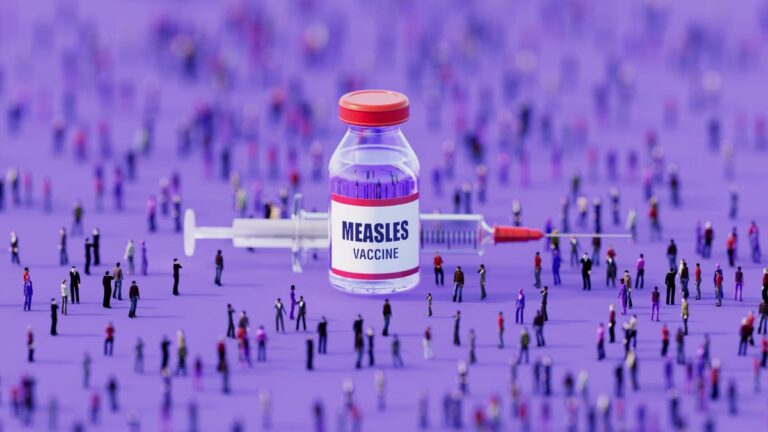 A graphic showing a measles vaccine bottle and needle surrounded by tiny people on a purple background.