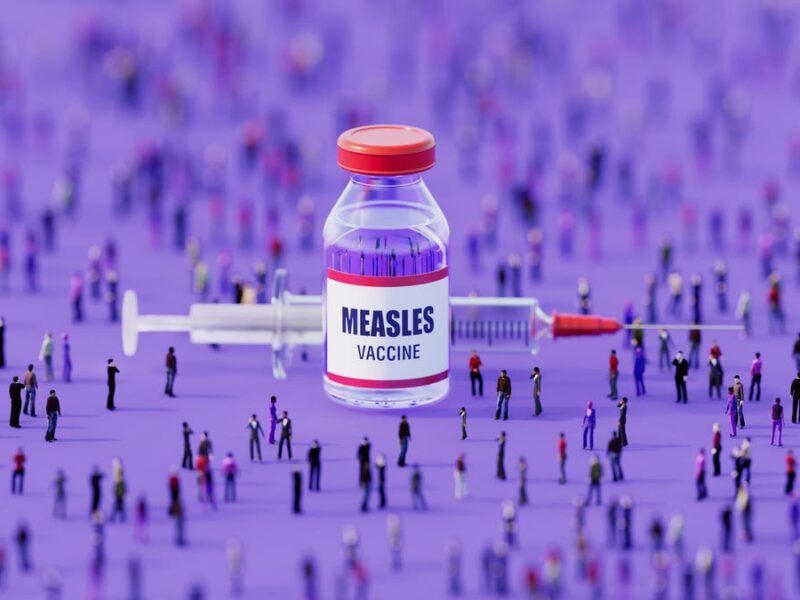 A graphic showing a measles vaccine bottle and needle surrounded by tiny people on a purple background.