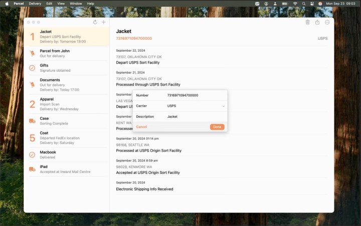 Add a new delivery to the parcel app for Mac