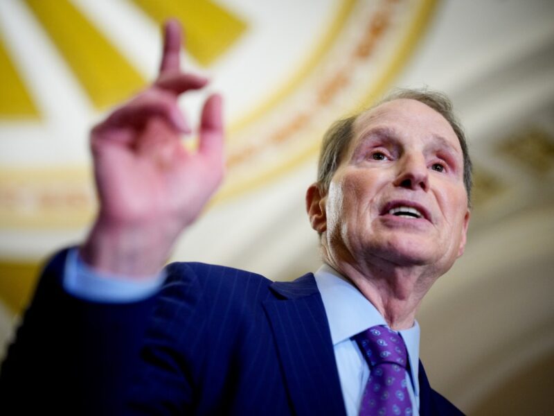 Sen. Ron Wyden speaks to reporters following a weekly Democratic policy luncheon at the U.S. Capitol on April 8, 2025 in Washington, DC.